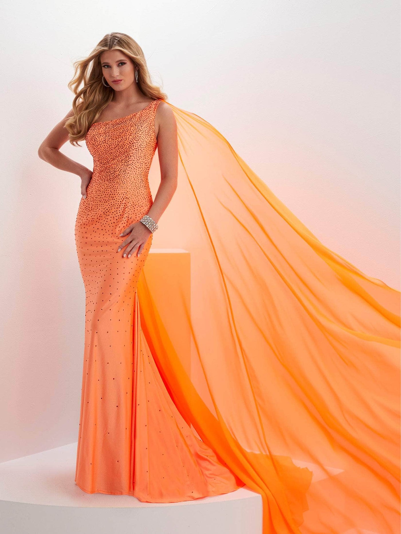 Panoply 14135 - One Shoulder Evening Gown With Cape Evening Dresses 0 / Orange