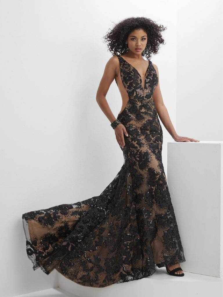 Panoply 14140 - Plunging V-Neck Sequin Evening Gown Evening Dresses 0 / Black
