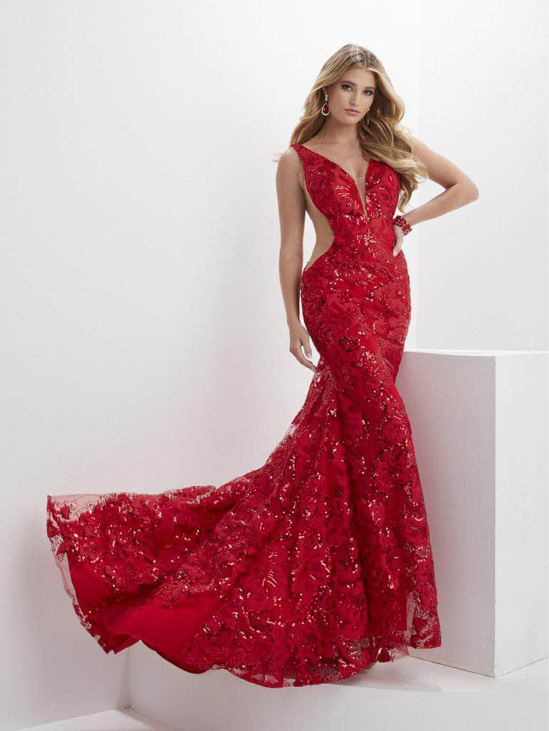 Panoply 14140 - Plunging V-Neck Sequin Evening Gown Evening Dresses 0 / Red