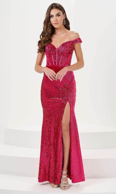 Panoply 14158 - Sequin Off Shoulder Prom Gown Prom Dresses 0 / Fuchsia