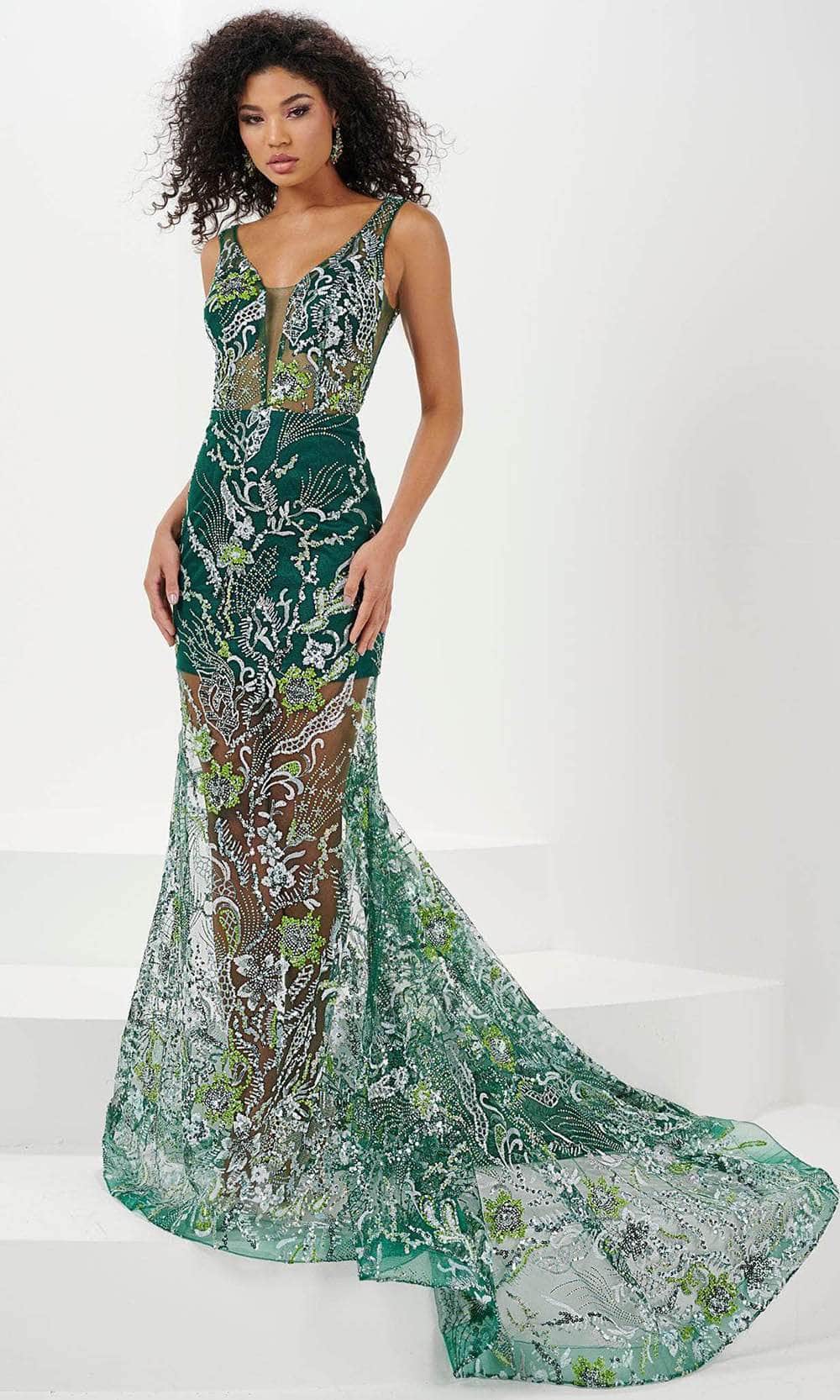 Panoply 14172 - Sequin Illusion Mermaid Evening Gown Evening Dresses 0 / Green Multi