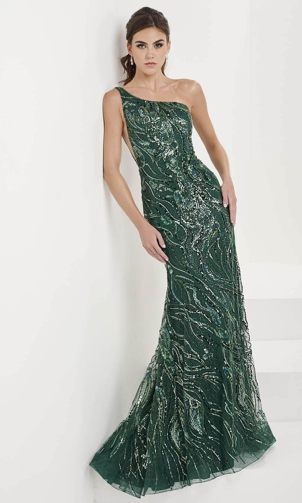 Panoply 14188 - One Shoulder Swirl Evening Gown Evening Gown 0 / Sparkle Forest