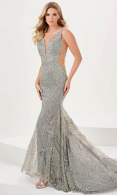 Panoply 14192 - Plunging Embellished Evening Gown Evening Dresses 0 / Gunmetal