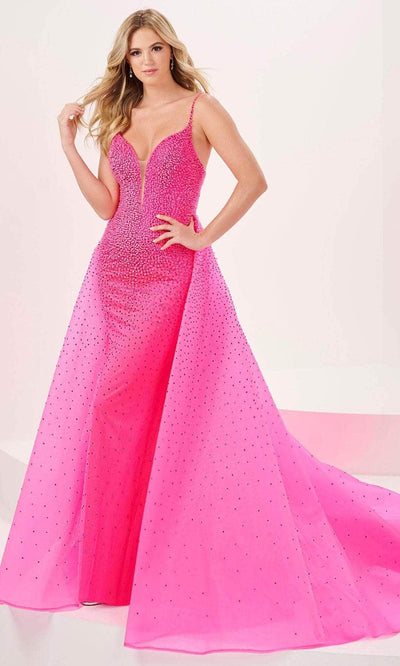 Panoply 14201 - Beaded Overskirt Gown Evening Dresses 0 / Hot Pink