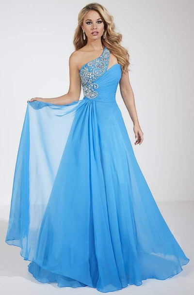 Panoply - 14622 Glittering Rhinestones and Beads Embellished One Shoulder Silky Chiffon Long Gown Special Occasion Dress 0 / Turquoise