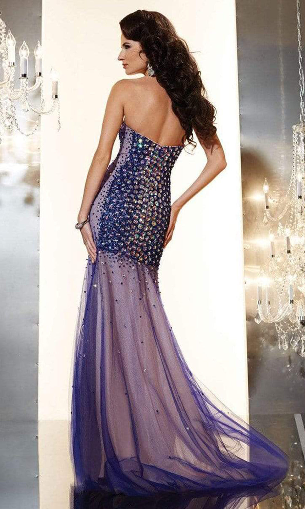 Panoply - Sweetheart Sequin Embellished Illusion Trumpet Dress 14625SC In Navy and Neutral