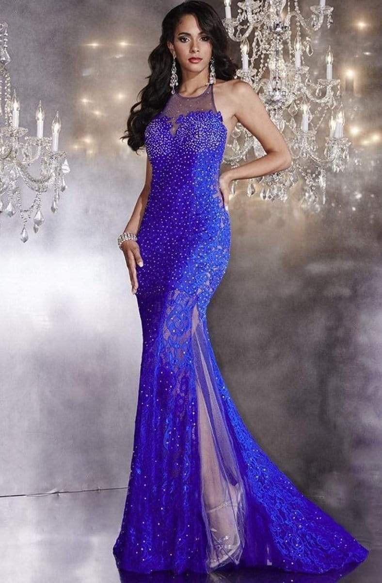 Panoply - 14742 Embellished Crew Neck Laced Gown Special Occasion Dress 0 / Royal