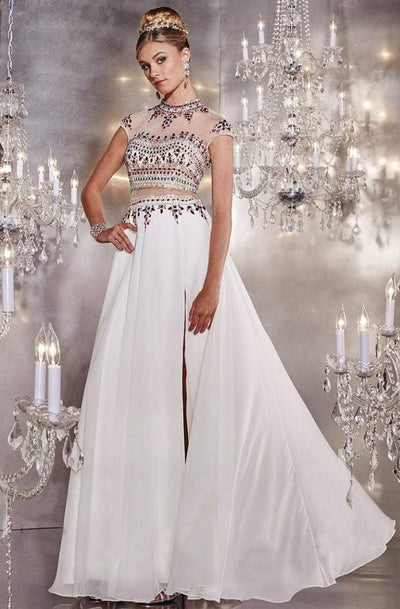Panoply - 14751 Crystal Accented Choker Neck Two-piece Chiffon Gown Special Occasion Dress 0 / Ivory Multi