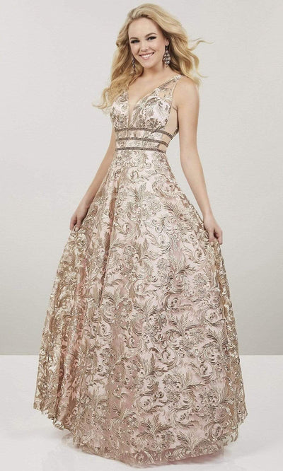 Panoply - Sleeveless Triple Bands Embellished Long Gown 14918SC In Pink and Gold