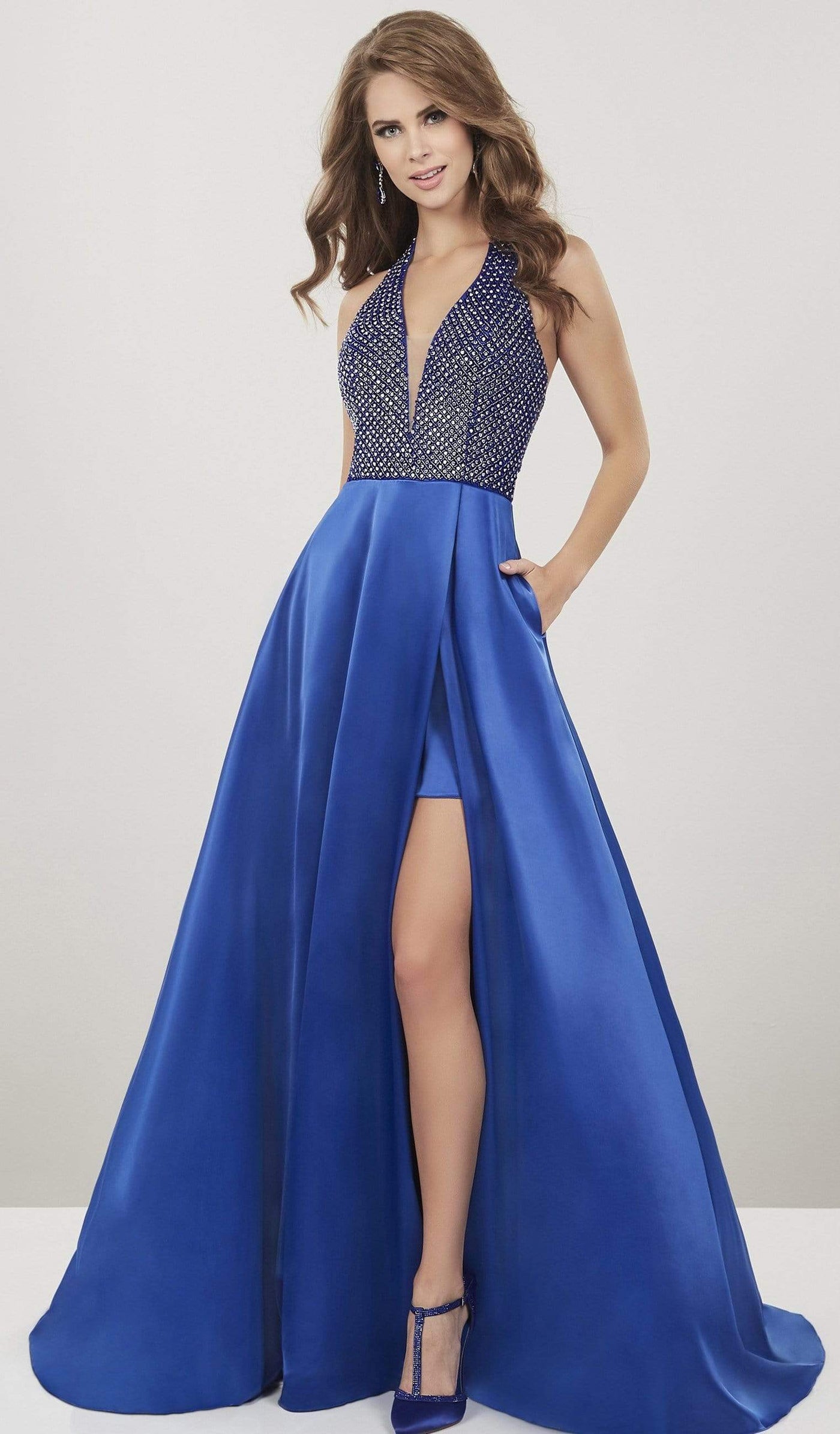 Panoply - 14929 Embellished Deep Halter V-neck Charmeuse A-line Gown Special Occasion Dress 0 / Royal