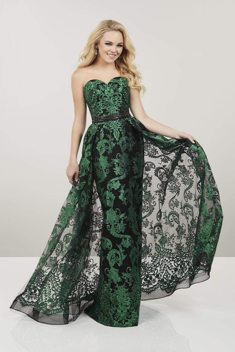 Panoply - 14937 Embroidered Strapless Dress with Overlay Special Occasion Dress 0 / Black/Emerald
