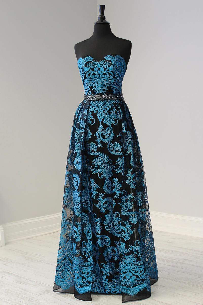 Panoply - 14937 Embroidered Strapless Dress with Overlay Special Occasion Dress 0 / Black/Turquoise