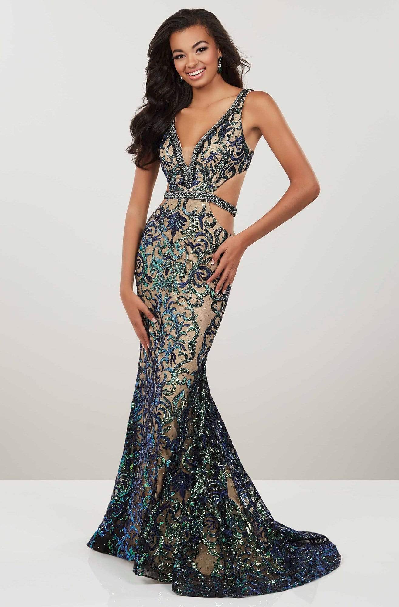 Panoply - 14939 Sequined Deep V-neck Mermaid Dress With Train Special Occasion Dress 0 / Peacock/Nude