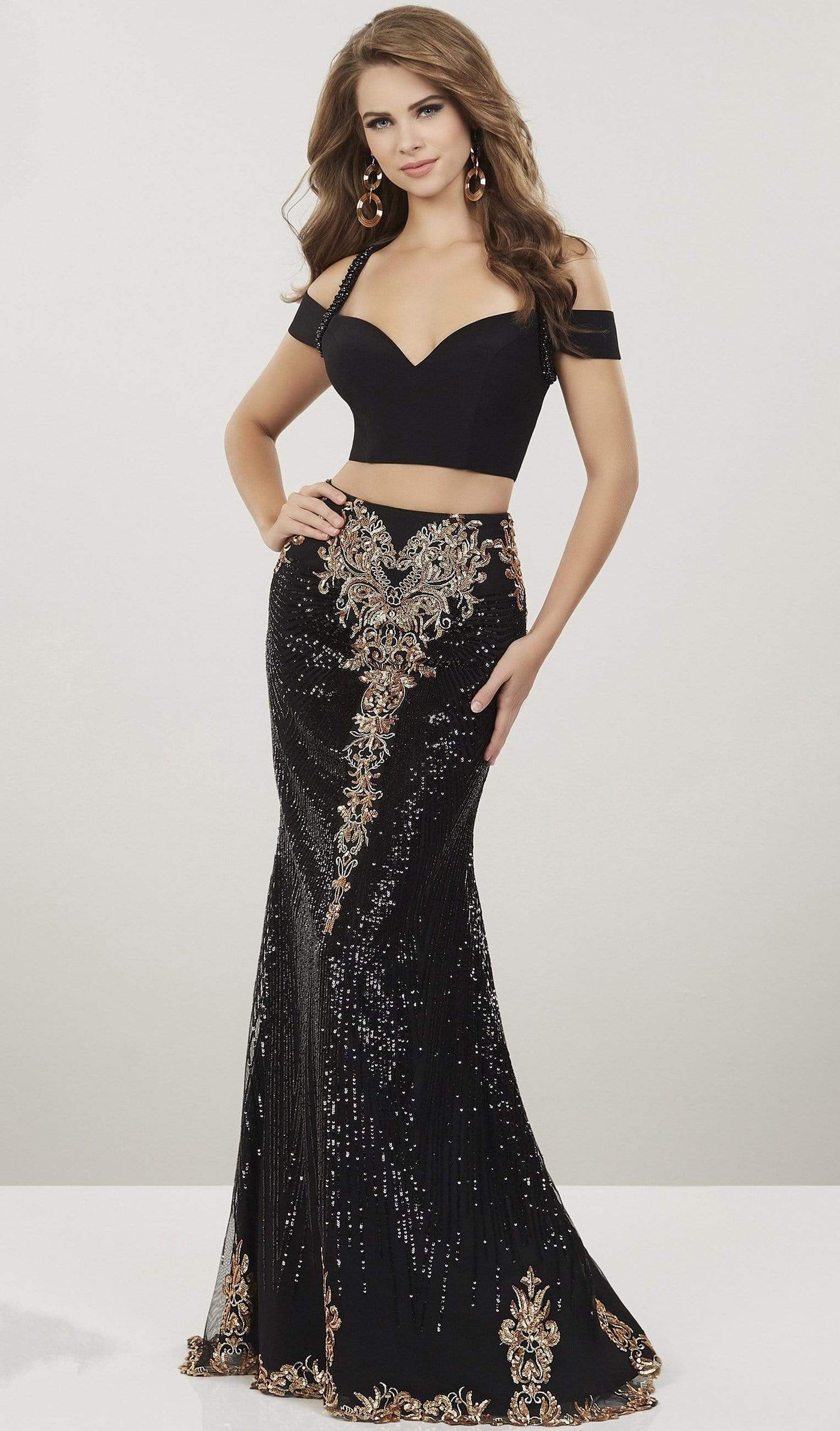 Panoply - 14940 Two Piece Sequined Jersey Trumpet Dress Special Occasion Dress 0 / Black/Gold