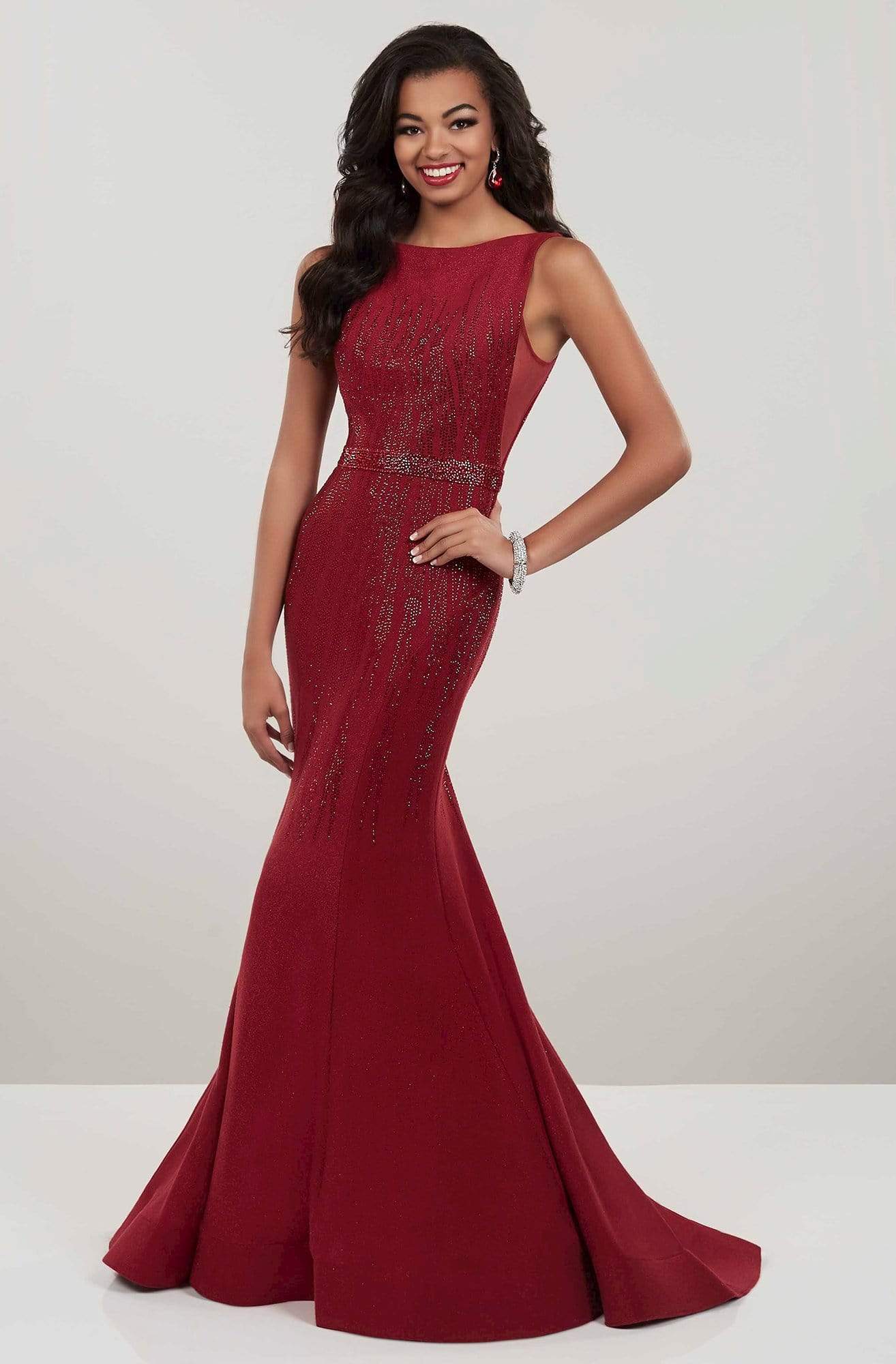 Panoply - 14946 Embellished Bateau Jersey Mermaid Dress Special Occasion Dress 0 / Wine