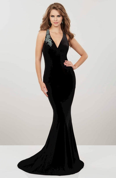 Panoply - 14948 Beaded Floral Plunging Halter Dress Special Occasion Dress 0 / Black/Emerald