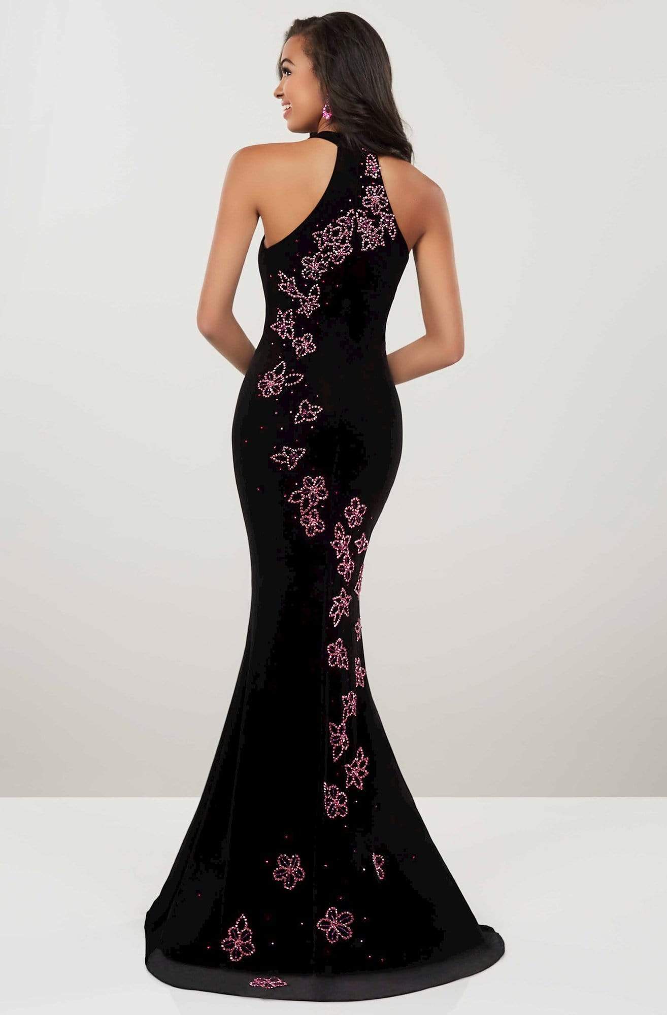 Panoply - 14948 Beaded Floral Plunging Halter Dress Special Occasion Dress 0 / Black/Fuchsia