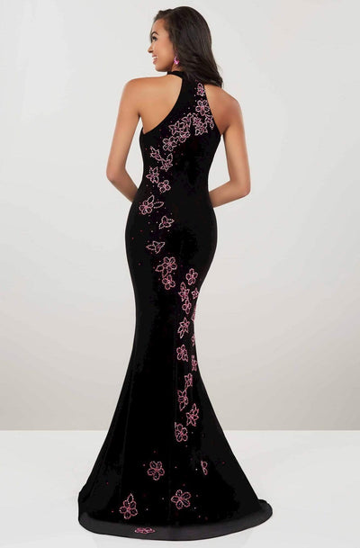 Panoply - 14948 Beaded Floral Plunging Halter Dress Special Occasion Dress 0 / Black/Fuchsia