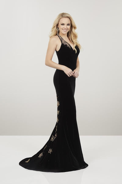 Panoply - 14948 Beaded Floral Plunging Halter Dress Special Occasion Dress 0 / Black/Gold
