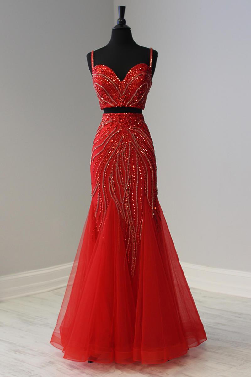 Panoply - 14958 Two Piece Beaded Sweetheart Tulle Mermaid Dress Special Occasion Dress 0 / Red