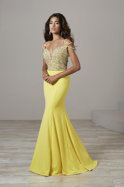 Panoply - 14962 Beaded Strappy Mermaid Evening Gown Special Occasion Dress 0 / Yellow
