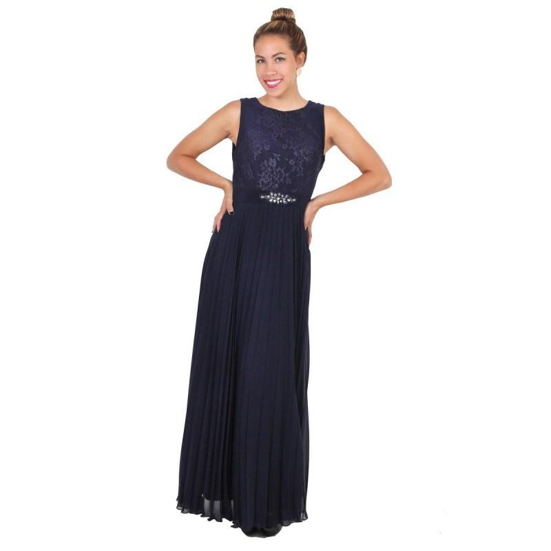 Patra - Embellished Jewel Neck Chiffon A-line Dress 13578 in Blue