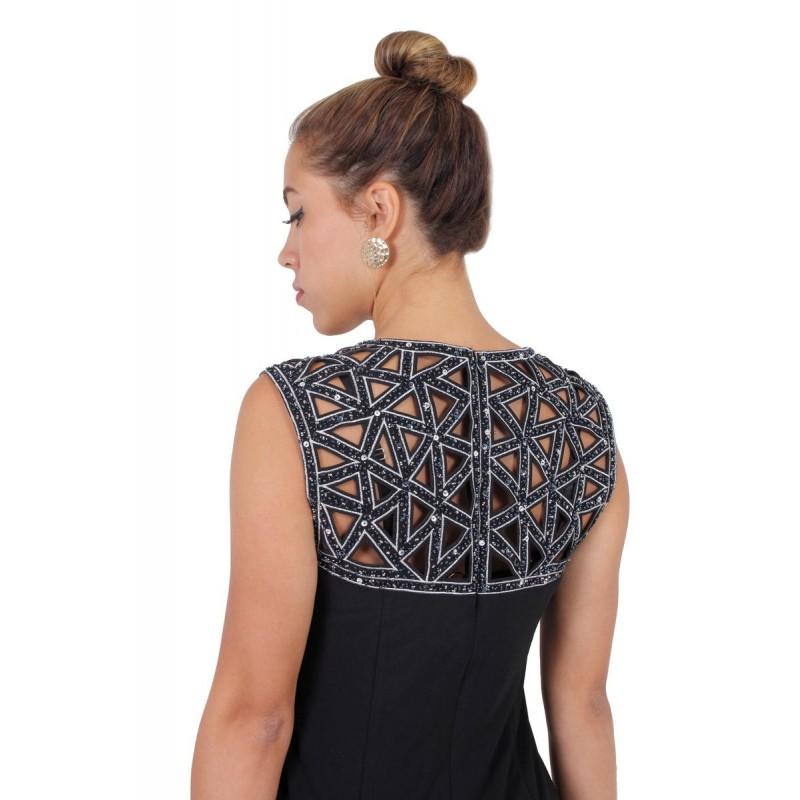 Patra - P1283 Embellished Jewel Sheath Dress in Black and Silver