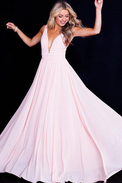 Jovani - JVN52179 Ruched Deep V-neck A-line Dress in Pink