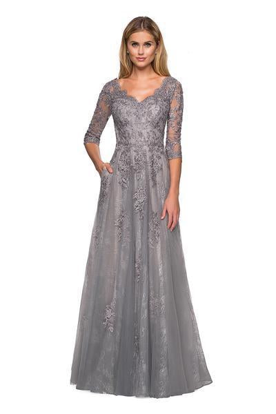 La Femme - Floral Embroidered Scalloped V-Neck Gown 26959SC In Gray