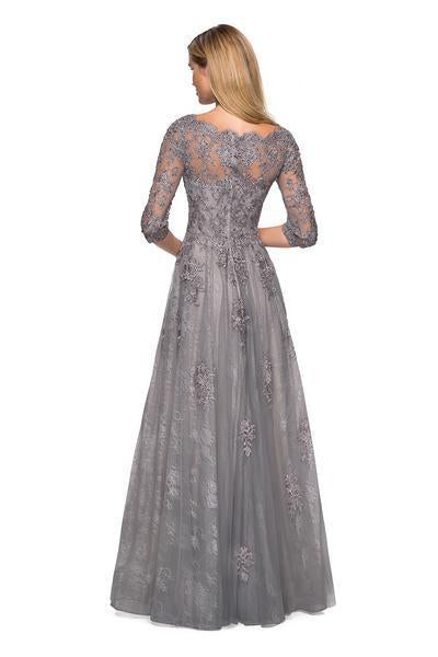 La Femme - Floral Embroidered Scalloped V-Neck Gown 26959SC In Gray