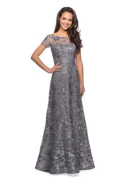 La Femme - Floral Adorned Illusion Bateau Long Gown 27839 In Gray