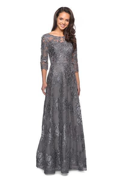 La Femme - Lace Bateau Quarter Length Sleeve A-line Gown 27885 In Gray
