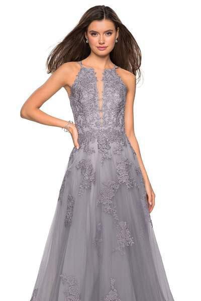 La Femme - 27143 Lace Embroidered Halter A-Line Gown In Gray