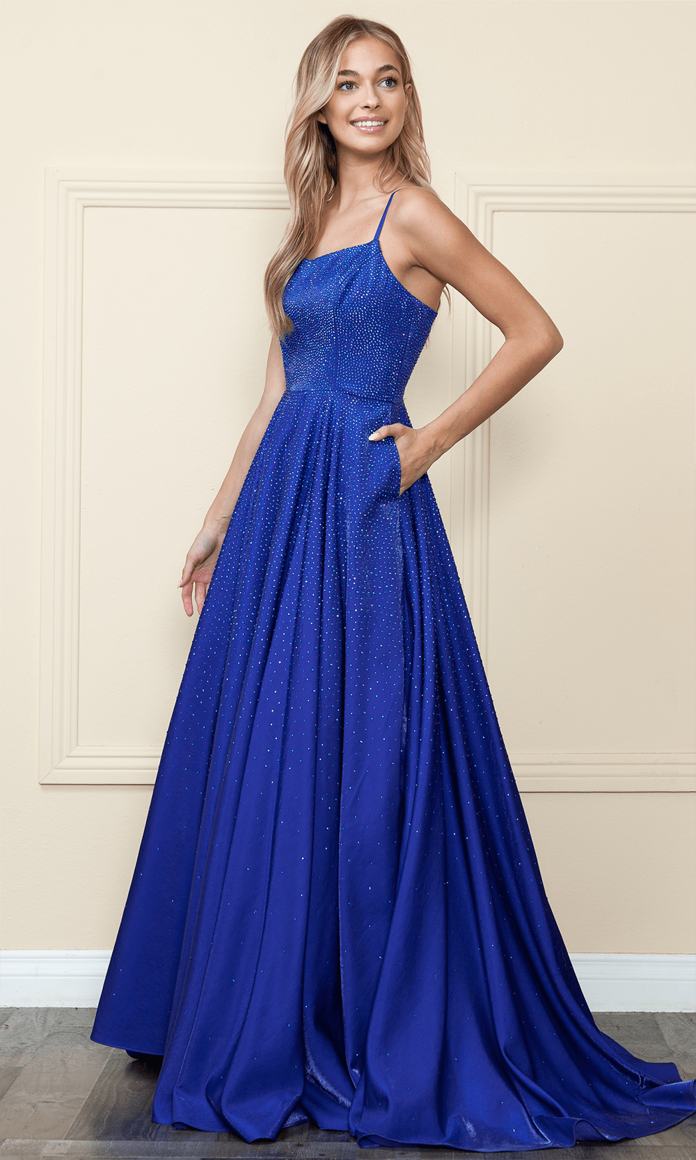 Poly USA 8886 - Long Iridescent Rhinestone Fabric A-Line Dress - Sleeveless, Spaghetti Strap, Pocket Detail, Mid-Open Back, Lace-Up Back Closure ADASA Poly USA 8886 - Long Iridescent Rhinestone Fabric A-Line Dress - Sleeveless, Spaghetti Strap, Pocket Detail, Mid-Open Back, Lace-Up Back Closure ADASA
