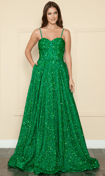 Poly USA 9152 Long Sequin Sweetheart Dress | FormalDressShops Jade / S