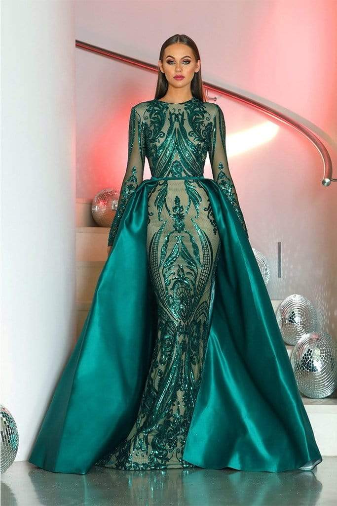 Portia and Scarlett - 1705 Long Sleeve Sequin Pattern Gown with Overskirt Evening Dresses 0 / Emerald Nude