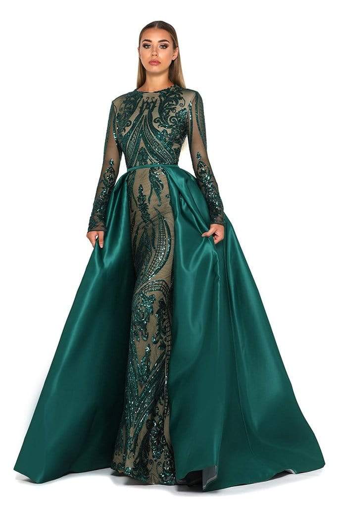 Portia and Scarlett - 1705 Long Sleeve Sequin Pattern Gown with Overskirt Evening Dresses
