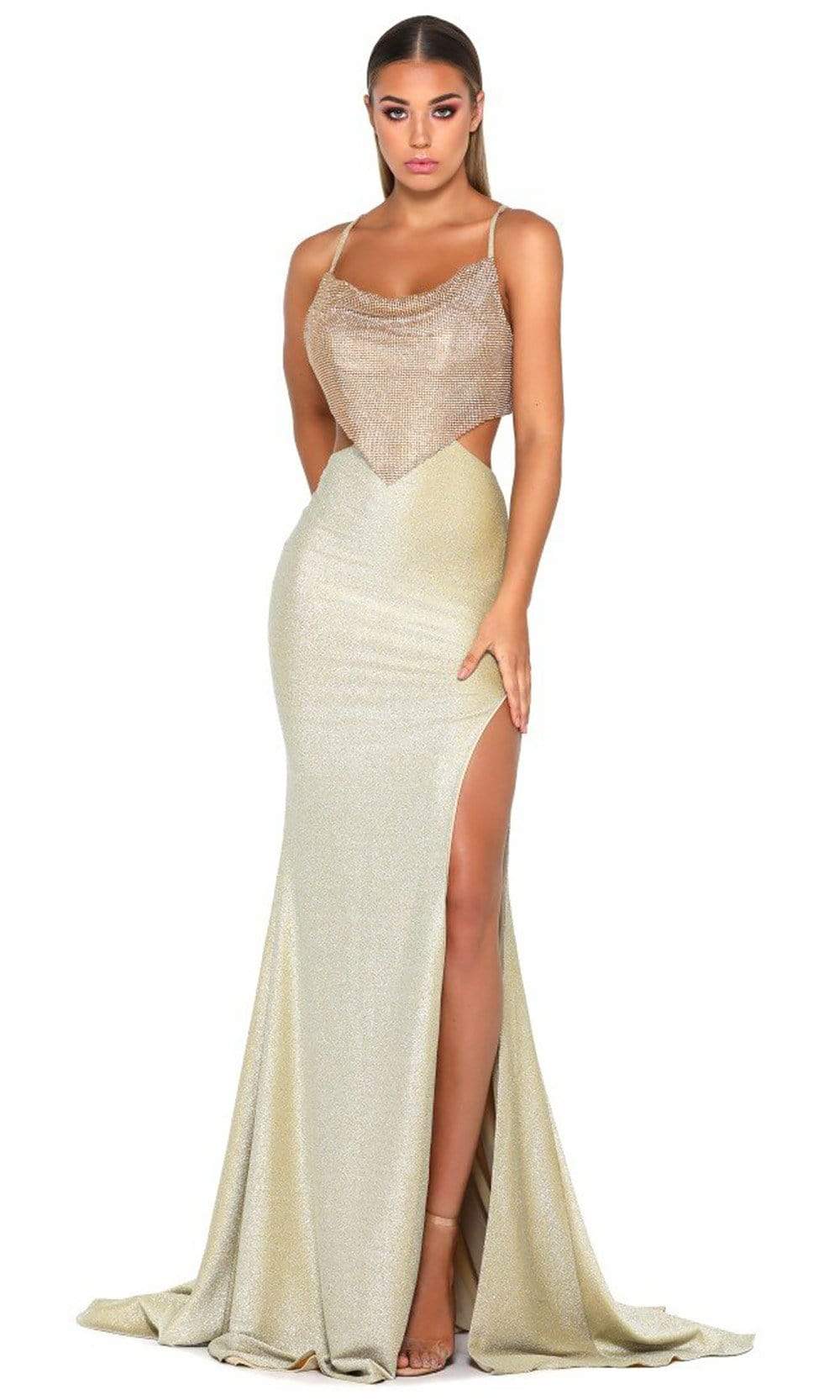 Portia and Scarlett - Carla Gown Crystal Draped Cutout Midriff Gown Prom Dresses 0 / Antique
