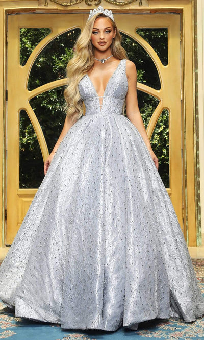 Portia and Scarlett - Cinderella Plunging Glitter Ballgown Special Occasion Dress 0 / Silver