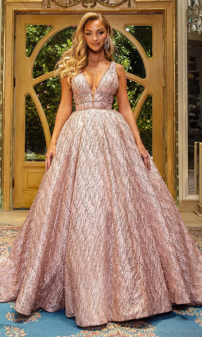Portia and Scarlett - Cinderella Plunging Glitter Ballgown Special Occasion Dress 24 / Rose Gold