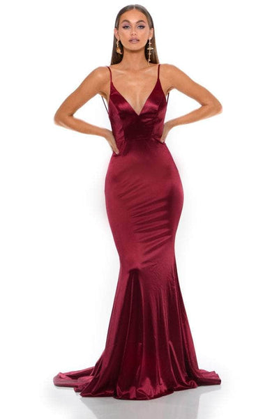 Portia and Scarlett - PS1934 Deep V-Neck Trumpet Dress With Train Prom Dresses 0 / Deep Red