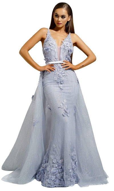 Portia and Scarlett - PS1965S V Neck Floral Appliqued Overskirt Gown Prom Dresses 0 / Ice