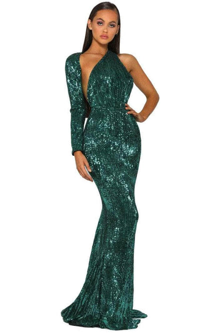 Portia and Scarlett PS2045 - One Shoulder Wrap Sequin Prom Dress Special Occasion Dress 0 / Emerald
