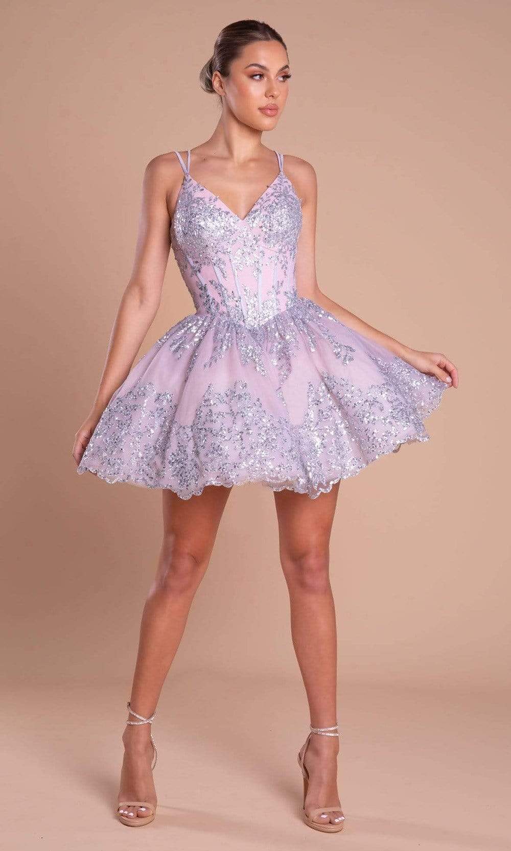 Portia and Scarlett - PS21008 Glitter Accented Short A-Line Dress Cocktail Dresses 0 / Silver Blush