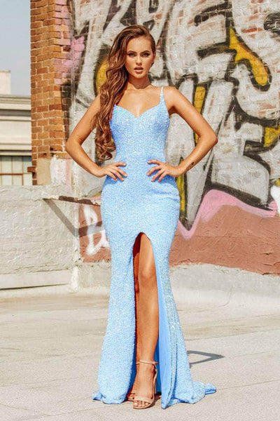 Portia and Scarlett - PS21013 Sequined Plunging V Neck Trumpet Gown Prom Dresses 0 / Blue Multi