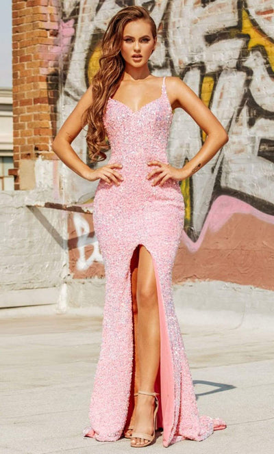 Portia and Scarlett - PS21013 Sequined Plunging V Neck Trumpet Gown Prom Dresses 0 / Pink Multi