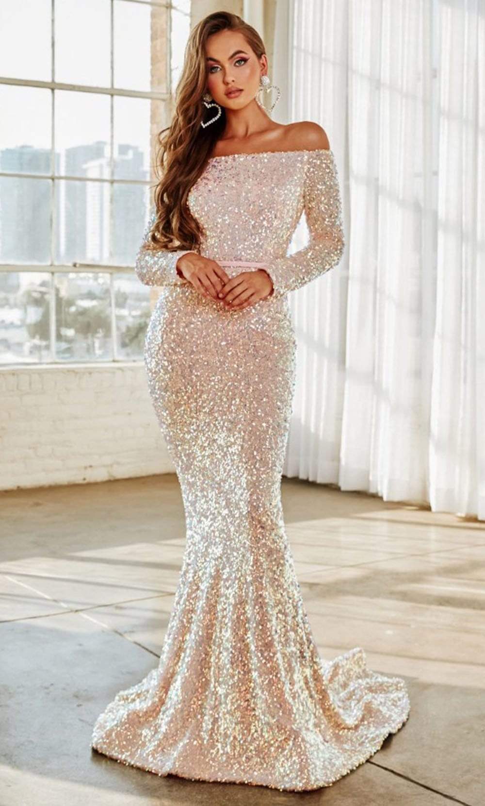 Portia and Scarlett - PS21032 Off Shoulder Long Sleeve Sequin Gown Prom Dresses 0 / Blush Multi