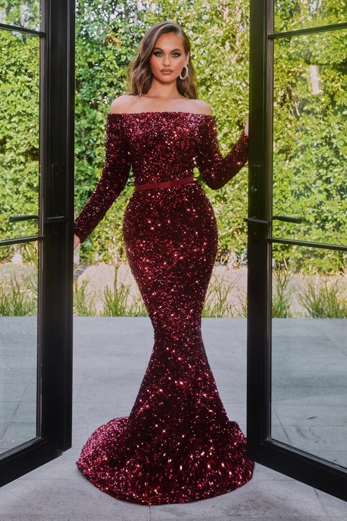 Portia and Scarlett - PS21032 Off Shoulder Long Sleeve Sequin Gown Prom Dresses 0 / Deep Red