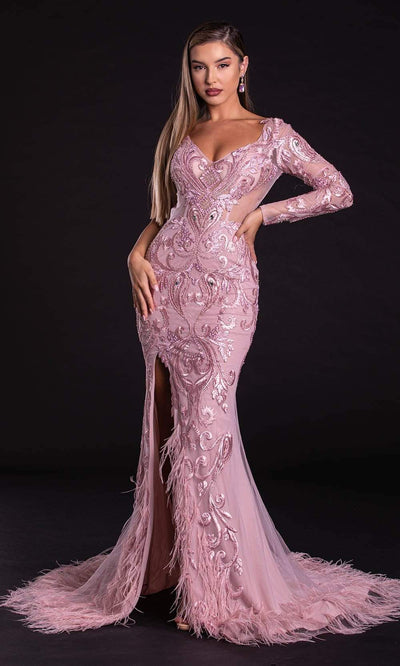 Portia and Scarlett - PS21126 Feather Fringed Embroidered Long Gown Evening Dresses 0 / Blush