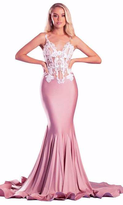 Portia and Scarlett - PS21175 Illusion Appliqued Bodice Mermaid Gown Evening Dresses 0 / Blush Ivory